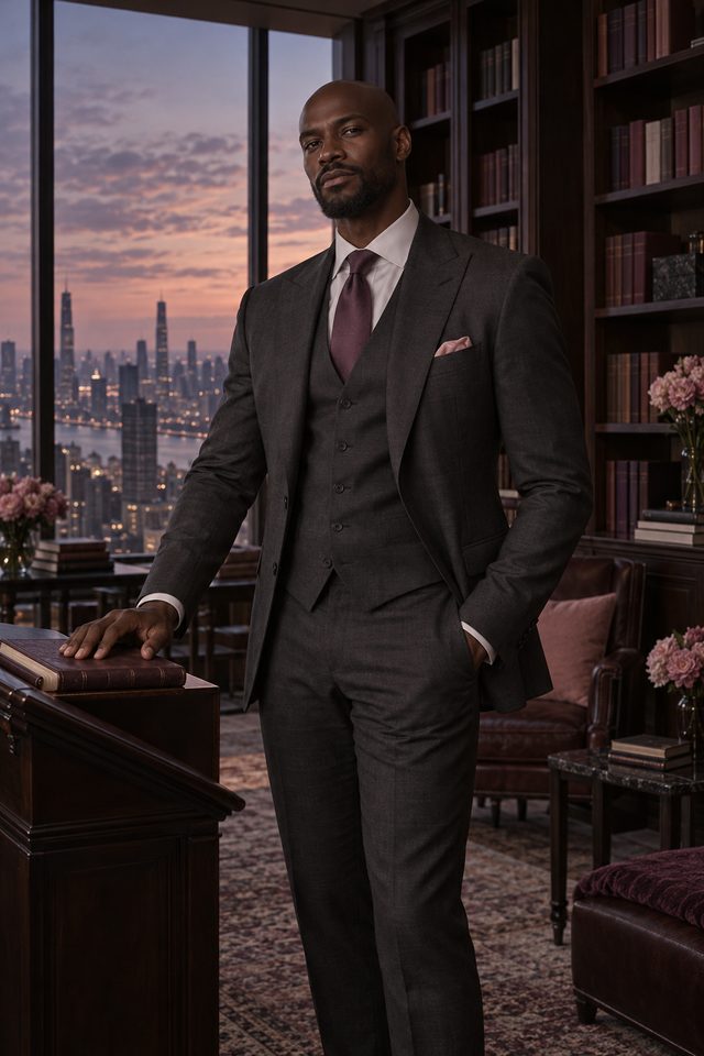 Portrait illustration of a man in a dark three-piece suit, one hand resting on a closed book, in a library with a dusk skyline behind him.