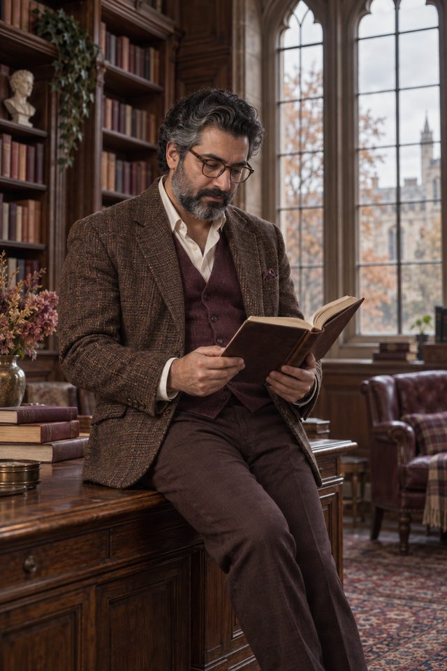 Portrait illustration of a man in glasses and a tweed jacket, seated on a desk and reading an open book.