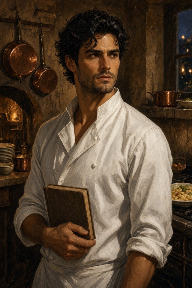 Portrait illustration of a fit man in a white chef's coat, holding a closed book in an Italian kitchen.