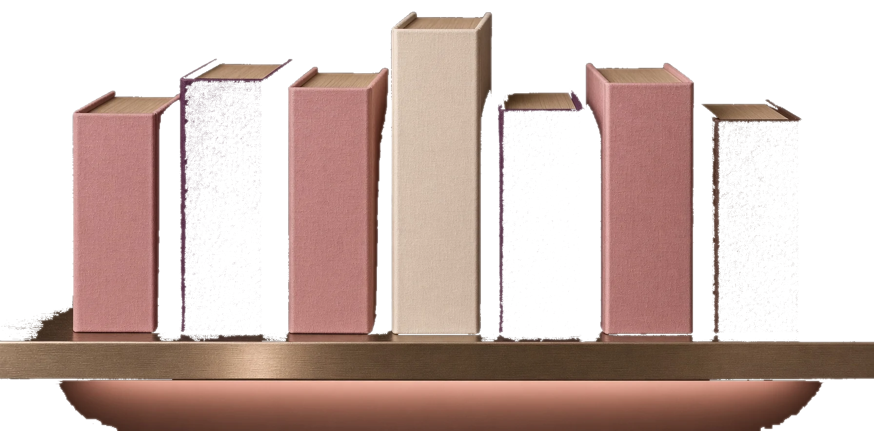 A short shelf of blush and plum books on warm metal.